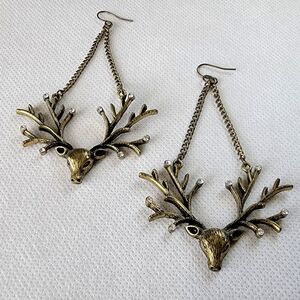 Bronzetone Reindeer Rhinestone Drop Earrings